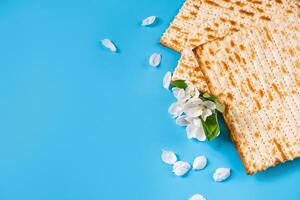 Semester påsk flatlay. traditionell matzah bröd och vår blommor på blå bakgrund. foto