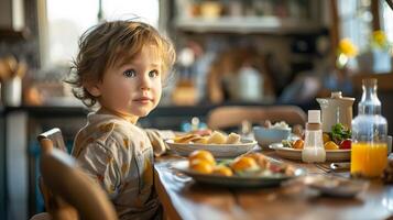 ai genererad en liten pojke har en frukost i en kök i de morgon- foto