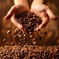 ai genererad färsk kaffe bönor vaggad i händer mot en värma bakgrund foto