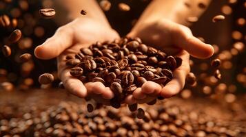 ai genererad färsk kaffe bönor vaggad i händer mot en värma bakgrund foto