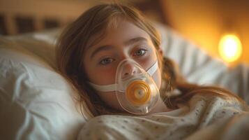 ai genererad barn patient tar emot syre terapi i säng foto