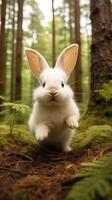 ai genererad en vit kanin är löpning genom de skogen. ai genererad bild. proffs Foto
