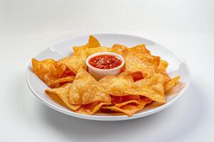 ai genererad Durian chips med chili krydda isolerat på vit bakgrund foto