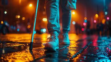 ai genererad beskurna Foto av ben av blind Inaktiverad man med lång pinne gående på de gata på natt.