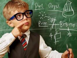 ai genererad pojke i glasögon och formell klädsel utseende fundersam medan lösning ekvationer på en klassrum svarta tavlan foto