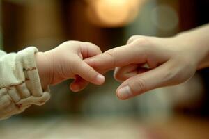 ai genererad anbud ögonblick av en bebis innehav mors hand. mor dag begrepp. generativ ai foto