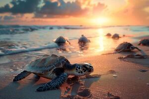 ai genererad bebis sköldpaddor på de sandig strand och krypa till de hav. generativ ai foto