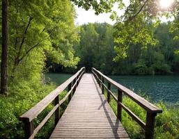 ai genererad trä- bro i de flod, skön sommartid bro och sjö i naturlig trä- väg panorama bild foto