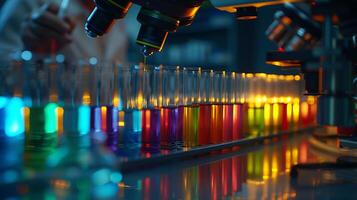 ai genererad forskare finstämningar mikroskop mitt i färgrik laboratorium experiment foto