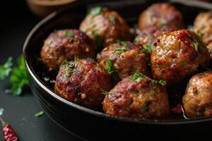 ai genererad lamm kofta köttbullar i mörk kök bakgrund ,koftas är ett indisk kök. generativ ai foto