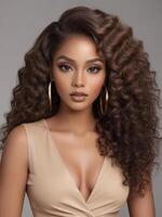 ai genererad skön afrikansk amerikan kvinnor med neutral glansig läppglans, trevlig kontur smink, lockigt 10a peruvian silkig hår foto