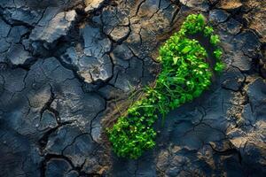 ai genererad en grön växt fotavtryck på knäckt jord symboliserar de regenerativ potential mot de mänsklig kol fotavtryck. foto