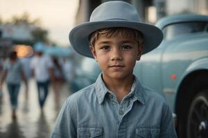 ai genererad pojke i en hatt bär jeans foto