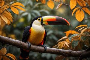 ai genererad toucan på gren i mörk och orange toner foto