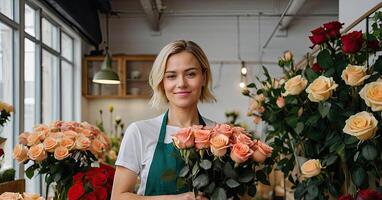 ai genererad kvinna blomsterhandlare samlar en bukett av rosor- färsk skära blommor i lådor och vaser i blomma affär och kuggstänger för försäljning, leverans för de Semester. vår, Mars 8, kvinnors dag, födelsedag foto