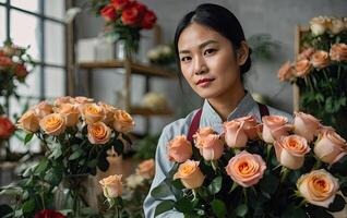 ai genererad asiatisk kvinna blomsterhandlare samlar en bukett av rosor- färsk skära blommor i lådor och vaser i blomma affär och kuggstänger för försäljning, leverans för de Semester. vår, Mars 8, kvinnors dag, födelsedag. foto