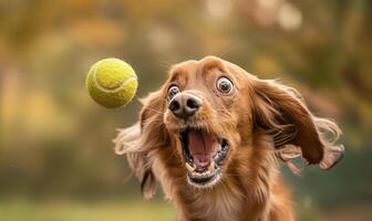 ai genererad pooch's komiska försök till fånga en tennis boll foto