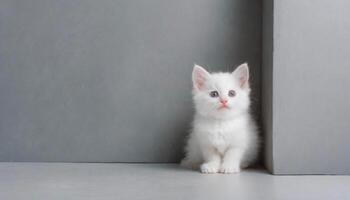 ai genererad vit bebis kattunge på de grå bakgrund, genererad minimalism bild foto