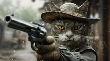ai genererad katt i en eleganta hatt viftar en skjutvapen självsäkert, ai genererad foto