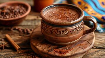 ai genererad mexikansk champurrado. majs choklad varm dryck. traditionell kaffe i keramisk mugg. ai genererad foto