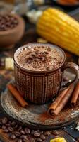 ai genererad mexikansk champurrado. majs choklad varm dryck. traditionell kaffe i keramisk mugg. ai genererad foto