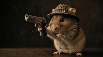 ai genererad hamster i en eleganta hatt viftar en skjutvapen självsäkert, ai genererad foto