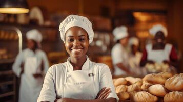 ai genererad leende afrikansk kvinna bagare ser på kamera..kockar bagare i en kock klänning och ha, foto