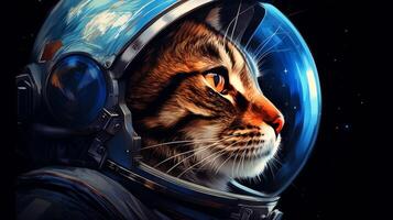 ai genererad en katt i ett astronaut hjälm blickar in i Plats, med jord reflekterad i de visir, uppsättning mot en starry bakgrund foto