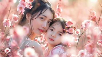 ai genererad asiatisk mor med henne dotter omgiven förbi rosa blomma, mödrar dag celebration.jpg foto