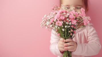 ai genererad barn ger bukett av blomma på rosa pastell bakgrund foto