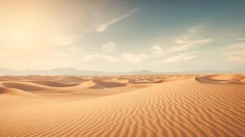 ai genererad skön arab öken- med värma färger.gyllene sand dyn öken- landskap panorama. skön över de sand sanddyner i de arabiska, rörd förbi de gyllene strålar av de miljö Sol. foto