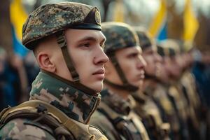 ai genererad kämpar av de nationell vakt av ukraina på de firande av de dag av de stad av drogobich foto