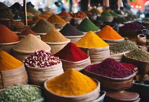 ai genererad aromatisk krydda hamn utforska de exotisk array av kryddor i ett indisk marknadsföra, var färgrik bås monter lokalt anskaffat smaker, foto