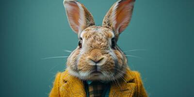 ai genererad en kanin är avbildad bär en formell kostym och slips, utsöndrar ett luft av raffinemang och elegans. de kanin visas redo och redo för en professionell miljö foto