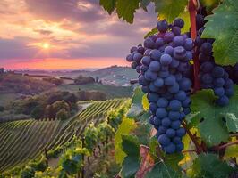 ai genererad italiensk vingård på solnedgång vindruvor för vin pittoresk landsbygden foto