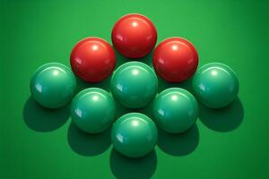 ai genererad bollar för biljard snooker anordnad på en grön spelar yta foto