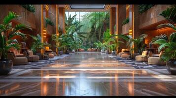 ai genererad slösa hotell lobby med marmor golv frodig växter foto