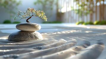ai genererad minimalistisk zen trädgård med rakat sand och enkel foto