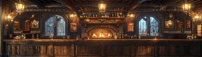 ai genererad gammal engelsk pub med mörk trä mysigt eldstäder foto