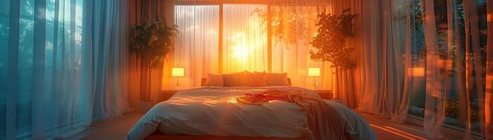 ai genererad romantisk sovrum med mjuk belysning ren gardiner foto