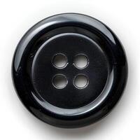 ai genererad svart plast knapp isolerat på vit bakgrund med skugga. svart 4-hål platt knapp för sömnad och hantverk foto