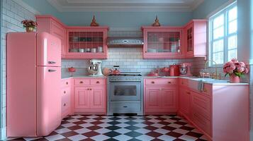 ai genererad årgång diner-inspirerade kök med rutig golv och retro apparater3d framställa foto