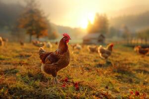 ai genererad betade frigående kycklingar organisk fjäderfän och naturlig jordbruk.generativ ai foto