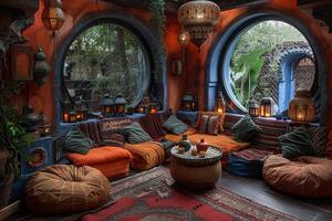 ai genererad marockansk stil vardagsrum med rik färger lyktor foto
