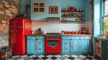 ai genererad årgång diner-inspirerade kök med rutig golv och retro apparater foto
