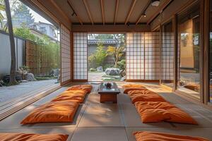 ai genererad zen meditation rum med tatami mattor en låg tabell foto