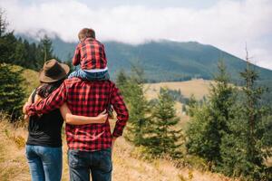 familj stanna kvar på de topp av fjäll, ser på de skön se foto