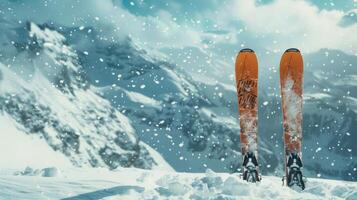 ai genererad åka skidor instruktörens skidor och poler på en snöig berg foto