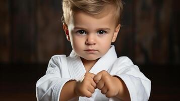 ai genererad ung pojke i traditionell vit kimono praktiserande sambo, jiu jitsu, karate krigisk konst för konkurrens foto