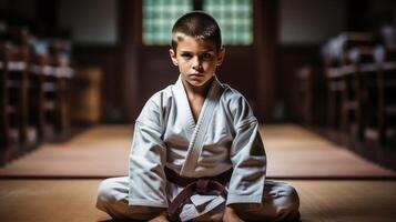ai genererad japansk pojke i traditionell vit kimono praktiserande sambo, jiu jitsu, karate krigisk konst Metod i utomhus- miljö foto